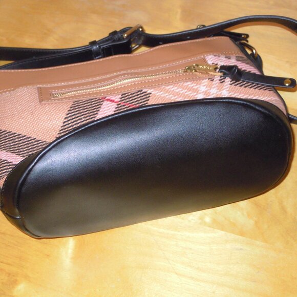 Spartina Pink & Black Plaid check Shoulder Hand Bag Purse Leather Linen NWT USA - Picture 5 of 12